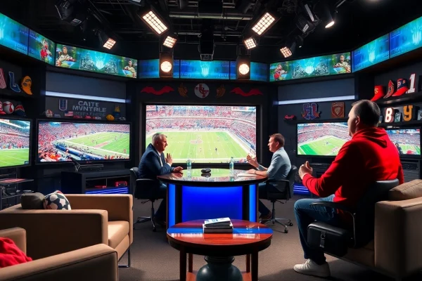 Engaging hosts in a lively sports broadcasting studio sharing highlights.