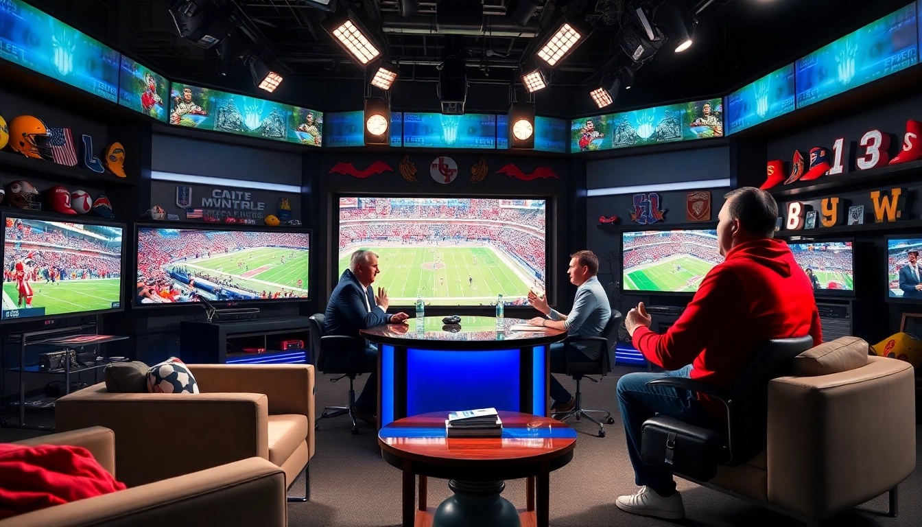 Engaging hosts in a lively sports broadcasting studio sharing highlights.
