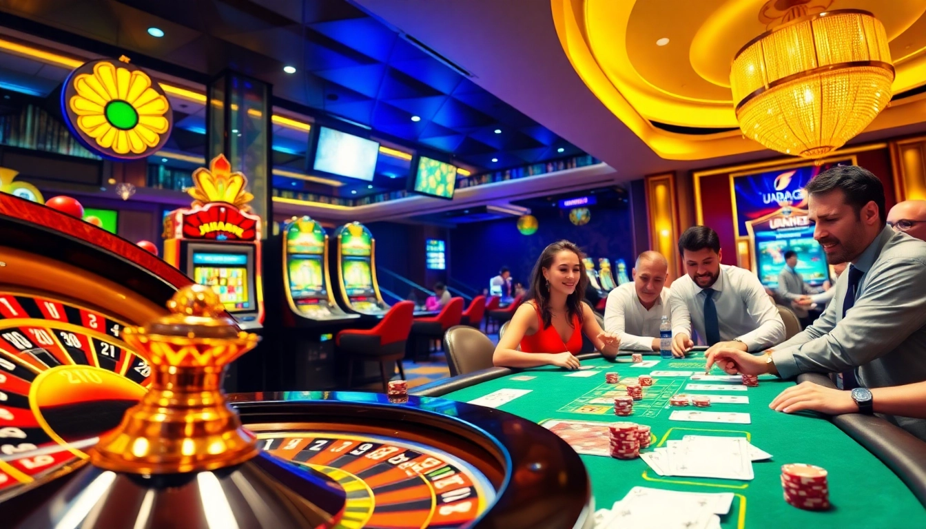 Experience thrilling moments at juragan77 with vibrant casino games, including roulette and poker tables.