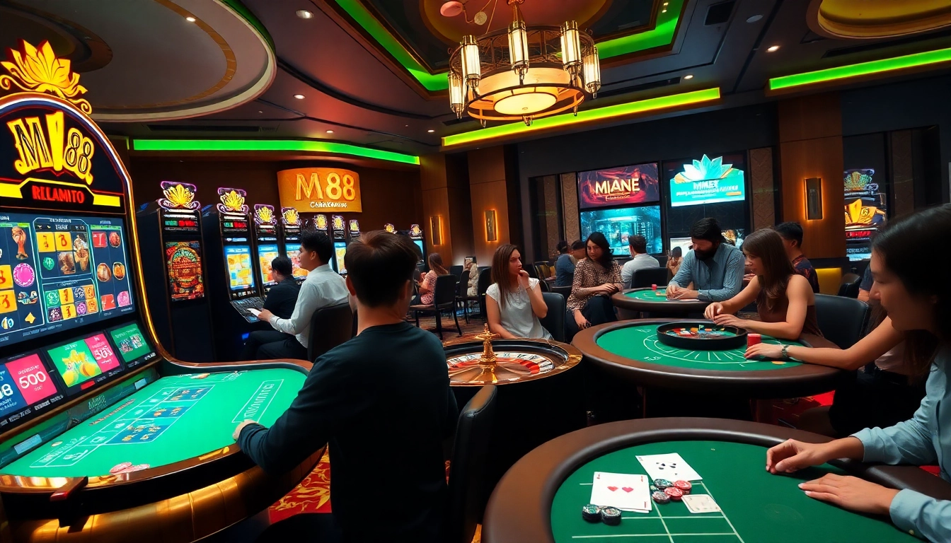 Engaging scene showcasing nhà cái mm88 with players at dynamic gambling tables and luxury casino elements.