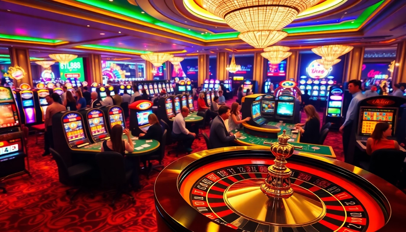 hb88 players engaging around a roulette wheel in a vibrant casino setting