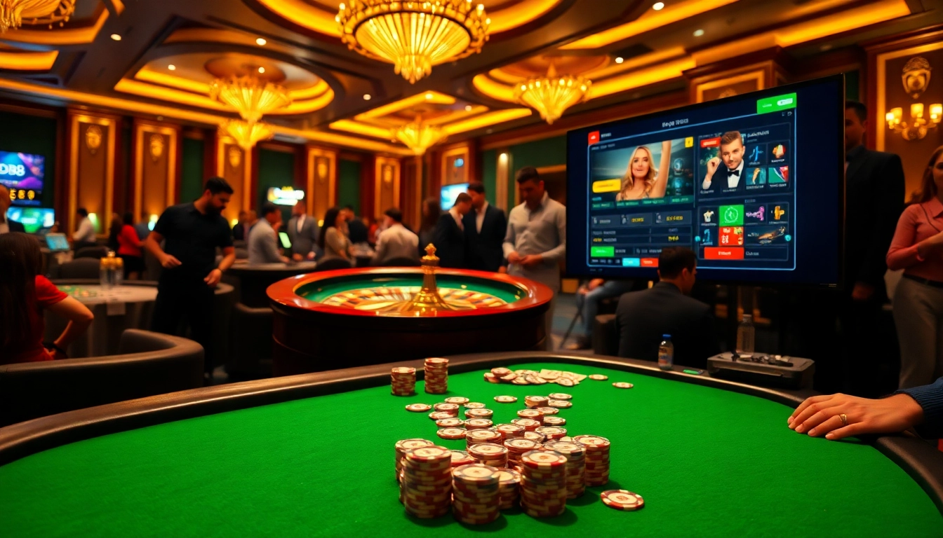 Engage with exciting casino gameplay at red88, featuring poker chips and a roulette wheel.