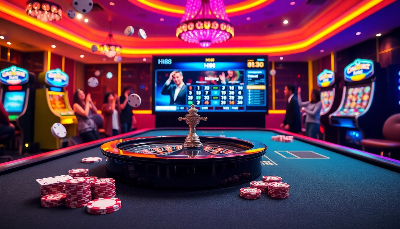 Experience a thrilling game at Hi88 with poker chips and vibrant casino ambiance.