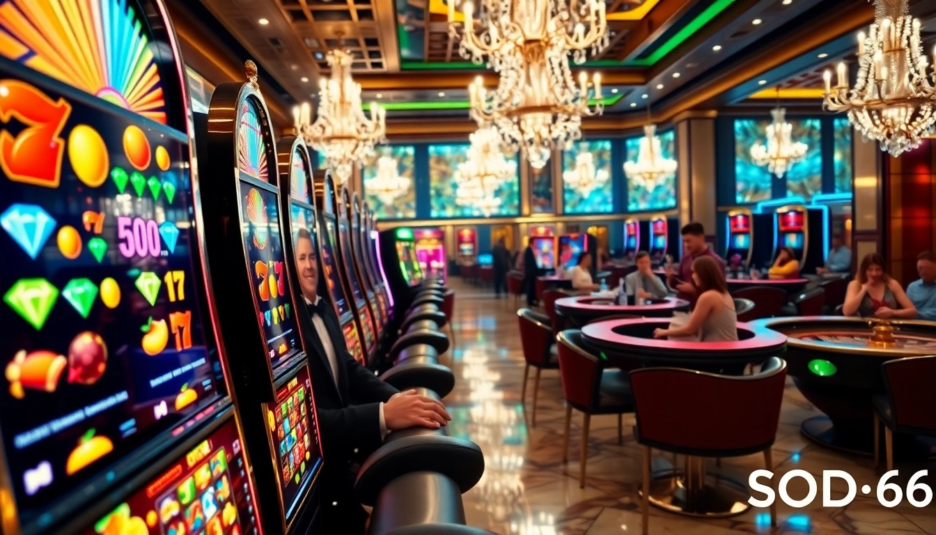 Experience the thrilling excitement of SODO66 at a luxurious casino filled with slot machines and roulette tables.