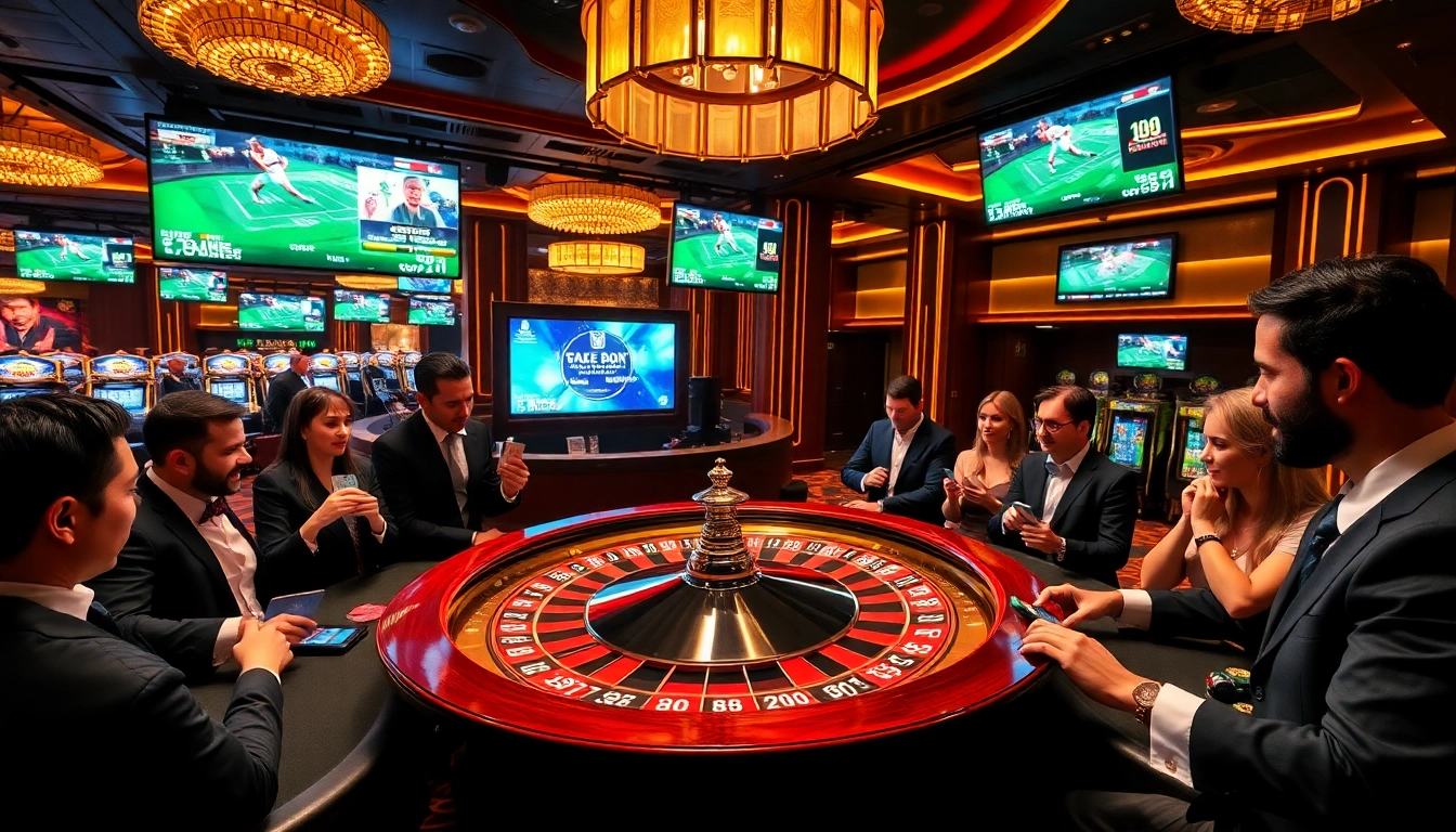 Excited gamblers enjoy thrilling games and betting at 8xx casino with luxury decor.