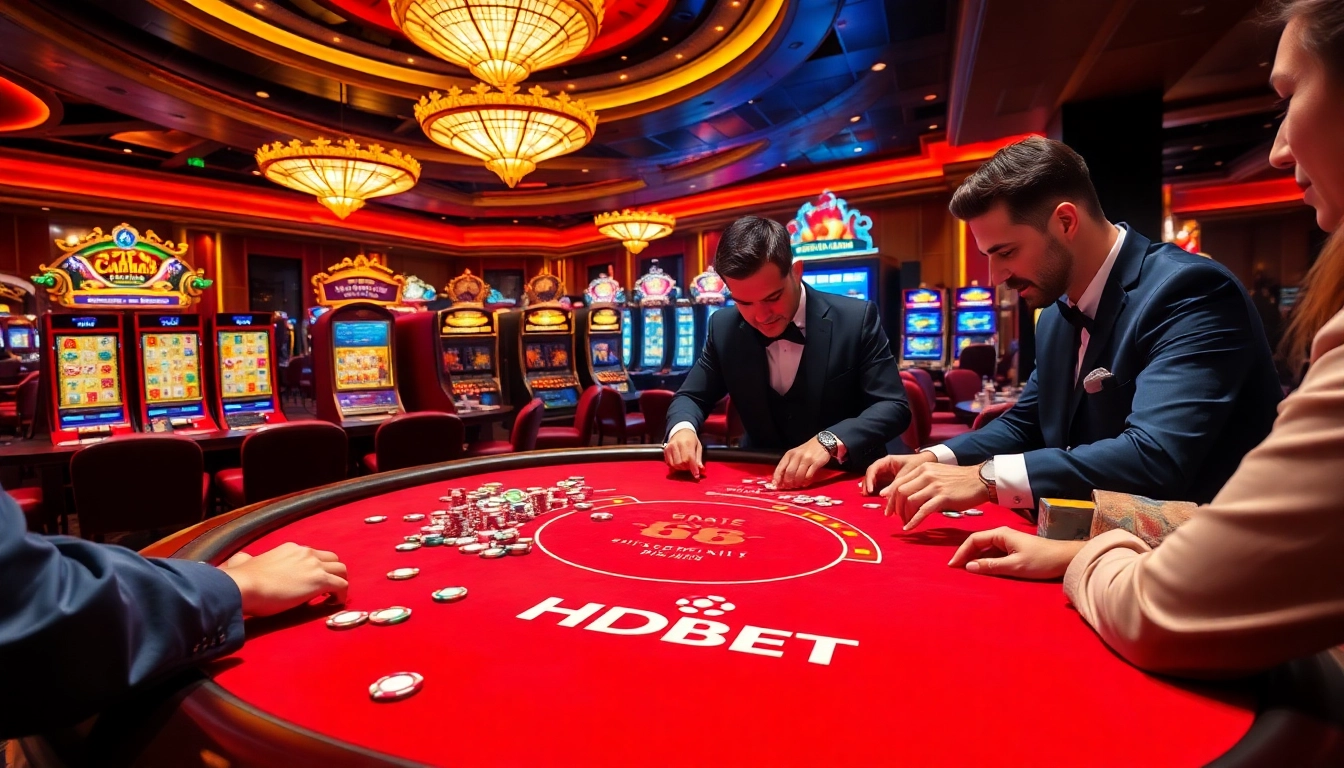 Professional gamblers placing bets at a luxurious HDBET casino table with vibrant atmosphere.