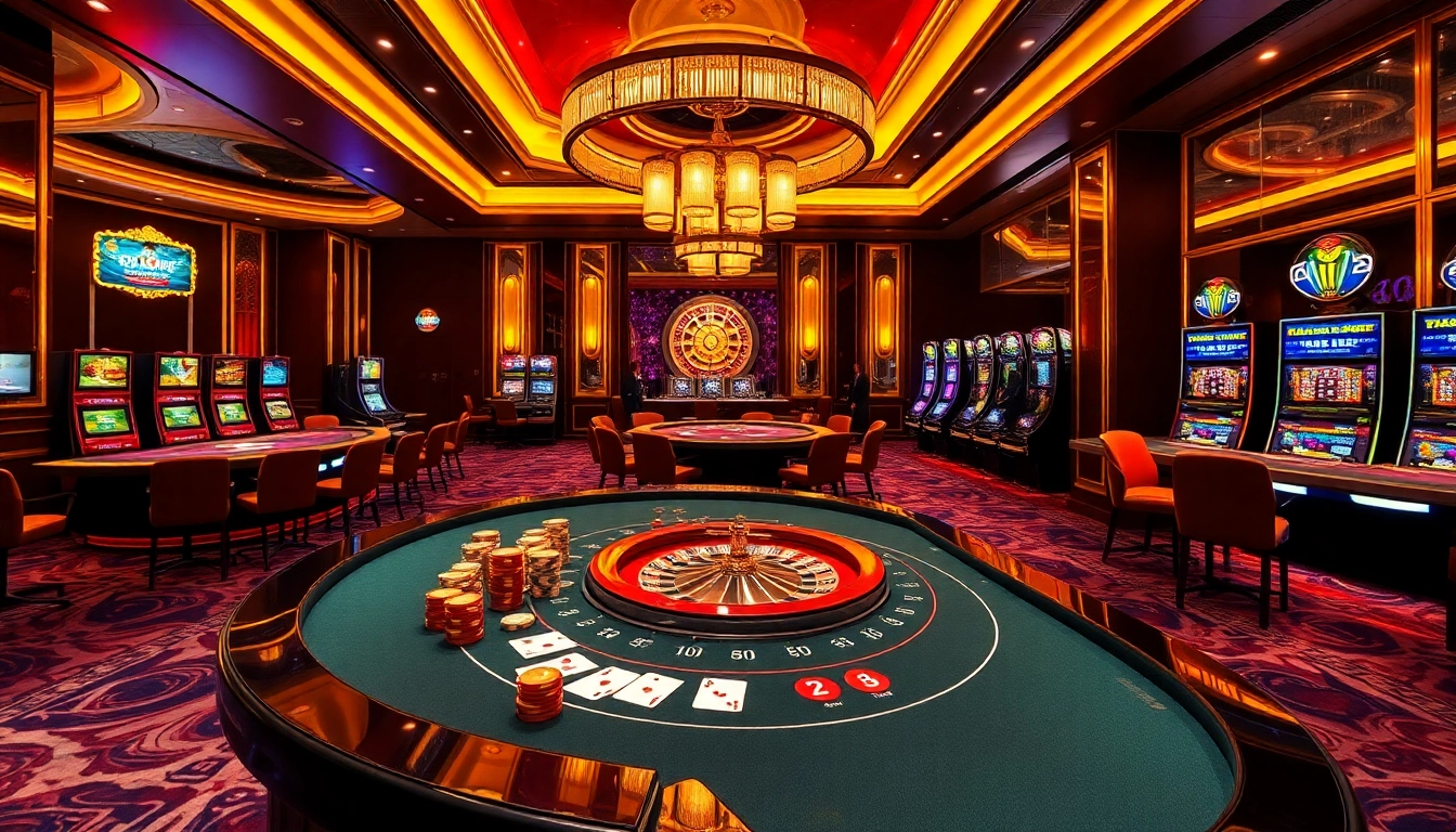 Experience HB88 luxury with a modern casino scene featuring a betting interface, poker, and roulette tables.