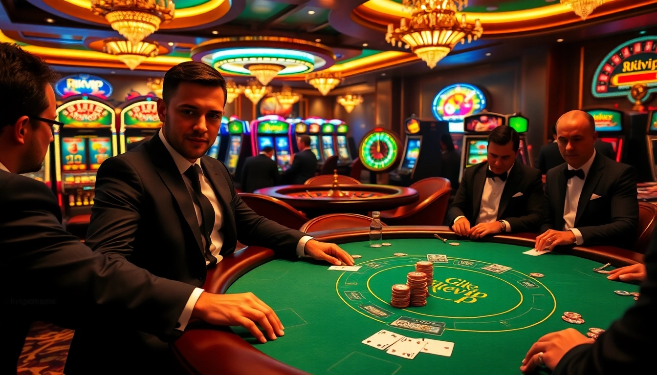 Players engaging in a high-stakes poker game at Rikvip, celebrating wins with vibrant chips and luxury surroundings.