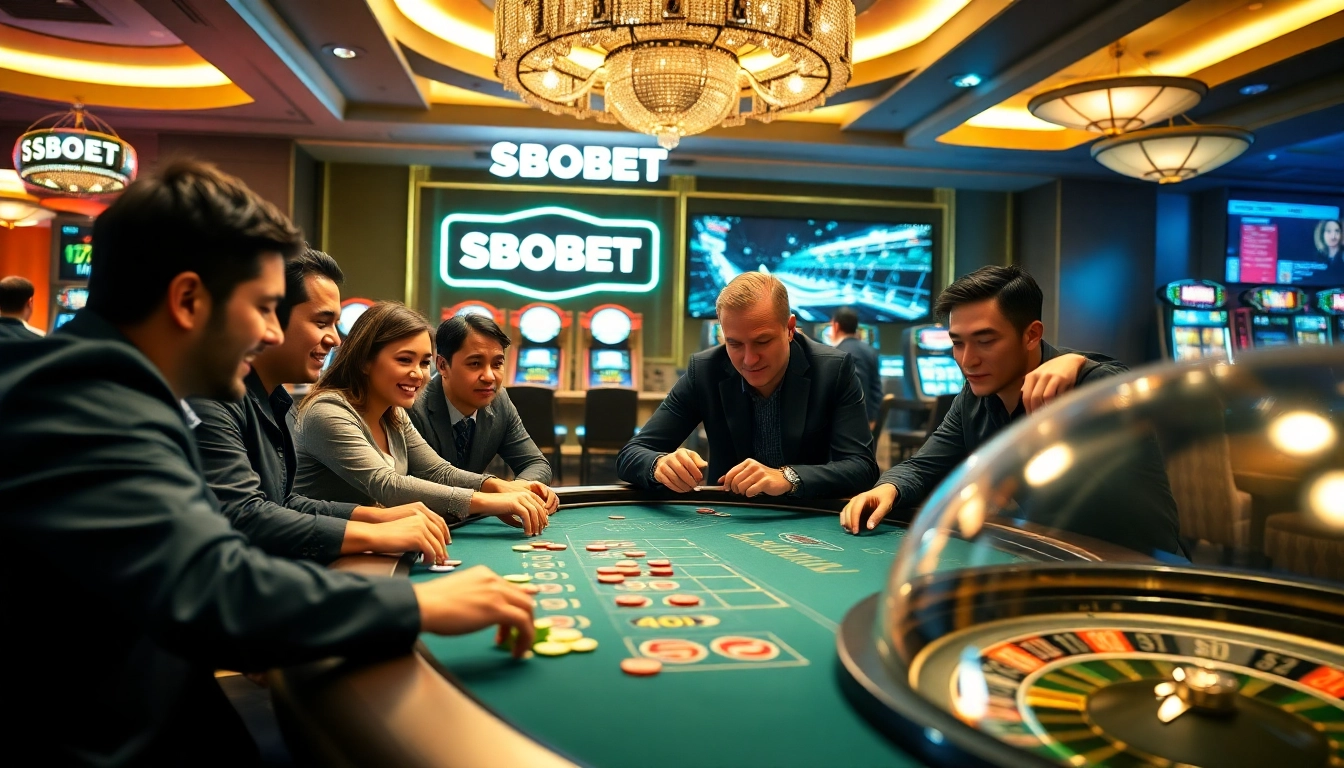 SBOBET players engaging in an immersive blackjack game surrounded by vibrant casino elements.