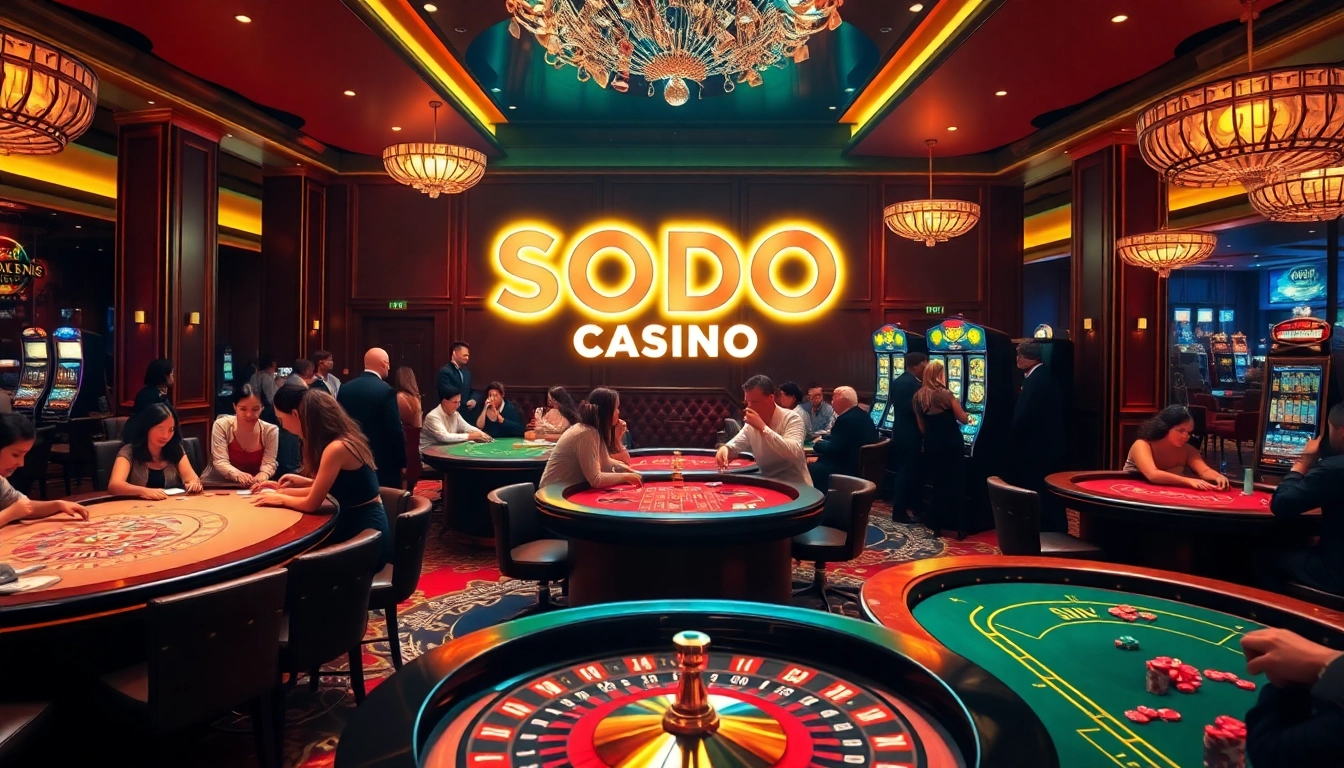 Players bet at SODO Casino tables, showcasing excitement and luxury in a vibrant atmosphere.