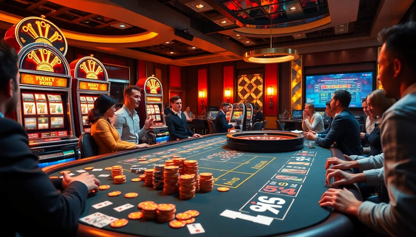 Engaged players strategically placing bets at a PXJ-themed casino gaming table with vibrant visuals.