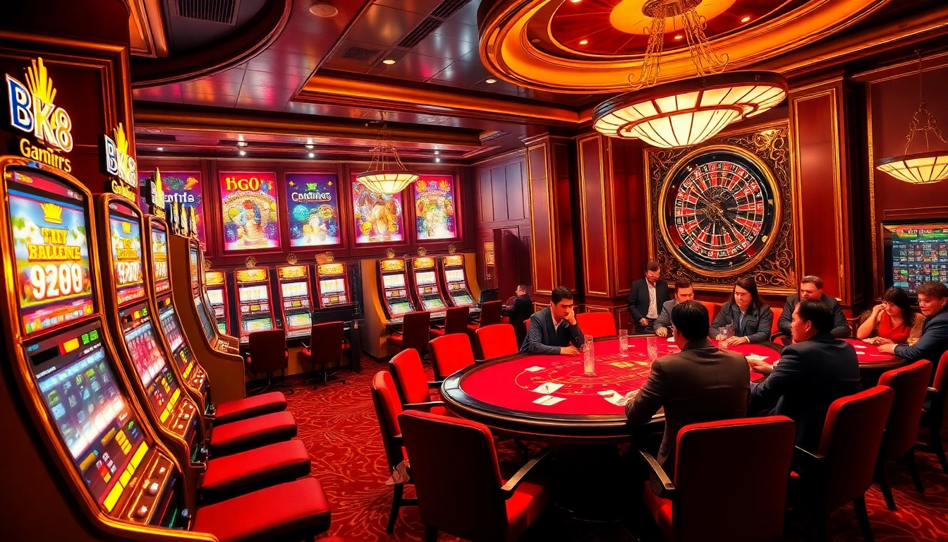 Experience the excitement of BK8 casino with players engaging at luxurious gaming tables.