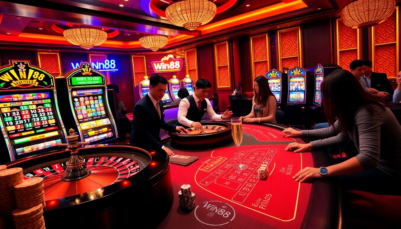 Experience thrilling gameplay at Win88's dynamic casino tables with vibrant poker and roulette.
