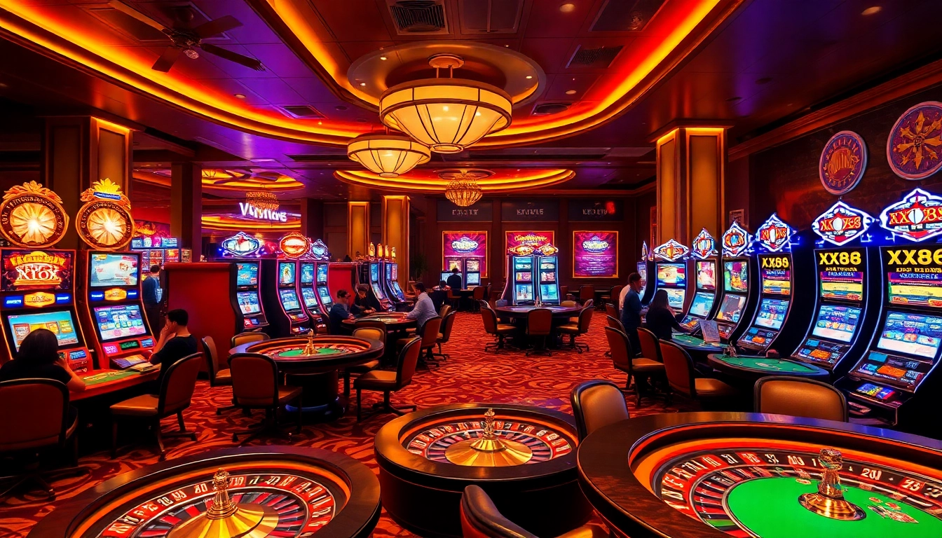 Experience the excitement of XX88 with luxurious casino tables, vibrant slot machines, and an engaging gambling atmosphere.