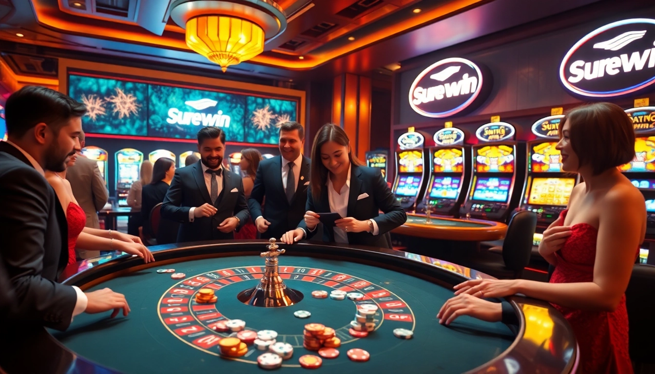 Engaging roulette table scene with players experiencing the thrill of surewin casino games.