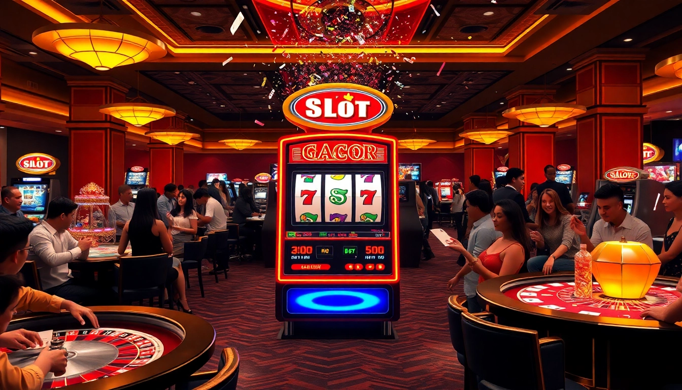 Player celebrating a big win at Slot Gacor slot machine in a lively casino atmosphere.