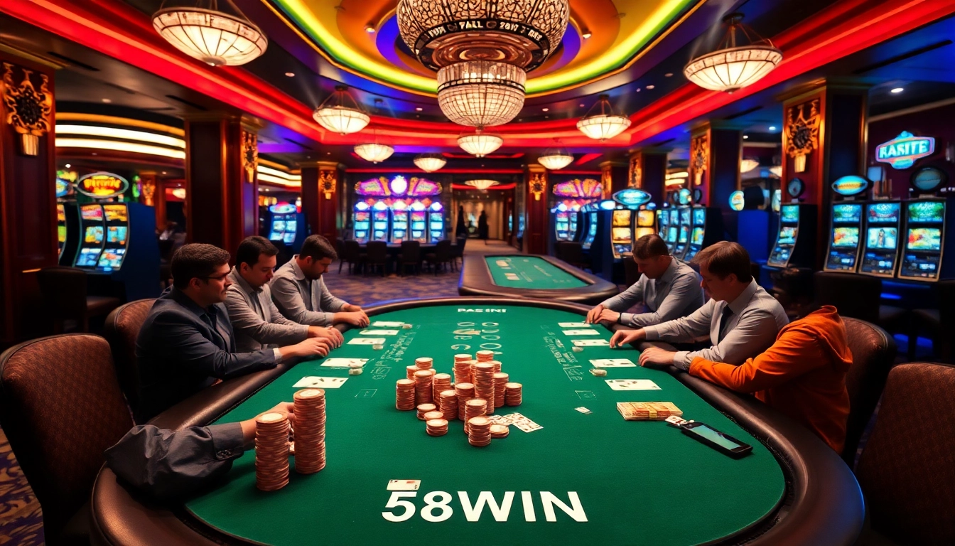 Players strategizing at the 58WIN poker table in a luxurious casino.