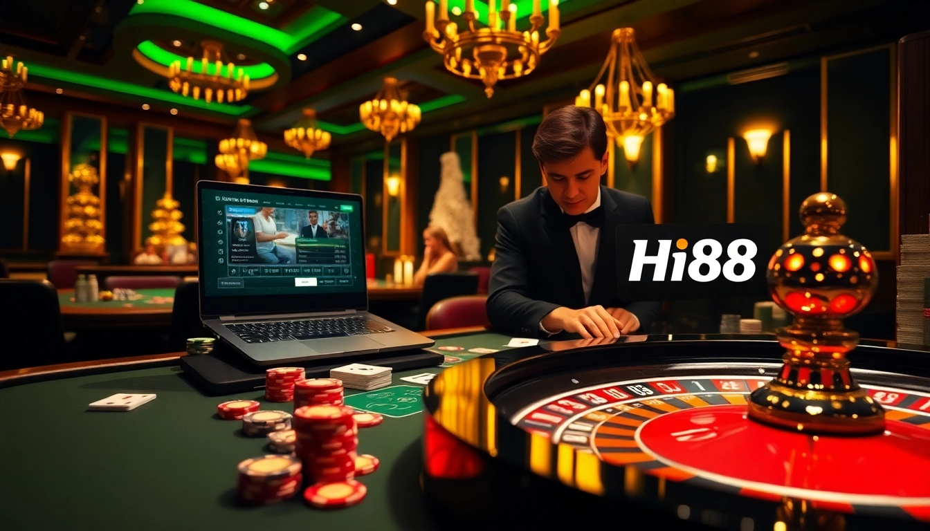 Engage with Hi88's dynamic online casino scene featuring a gaming table, chips, and cards.