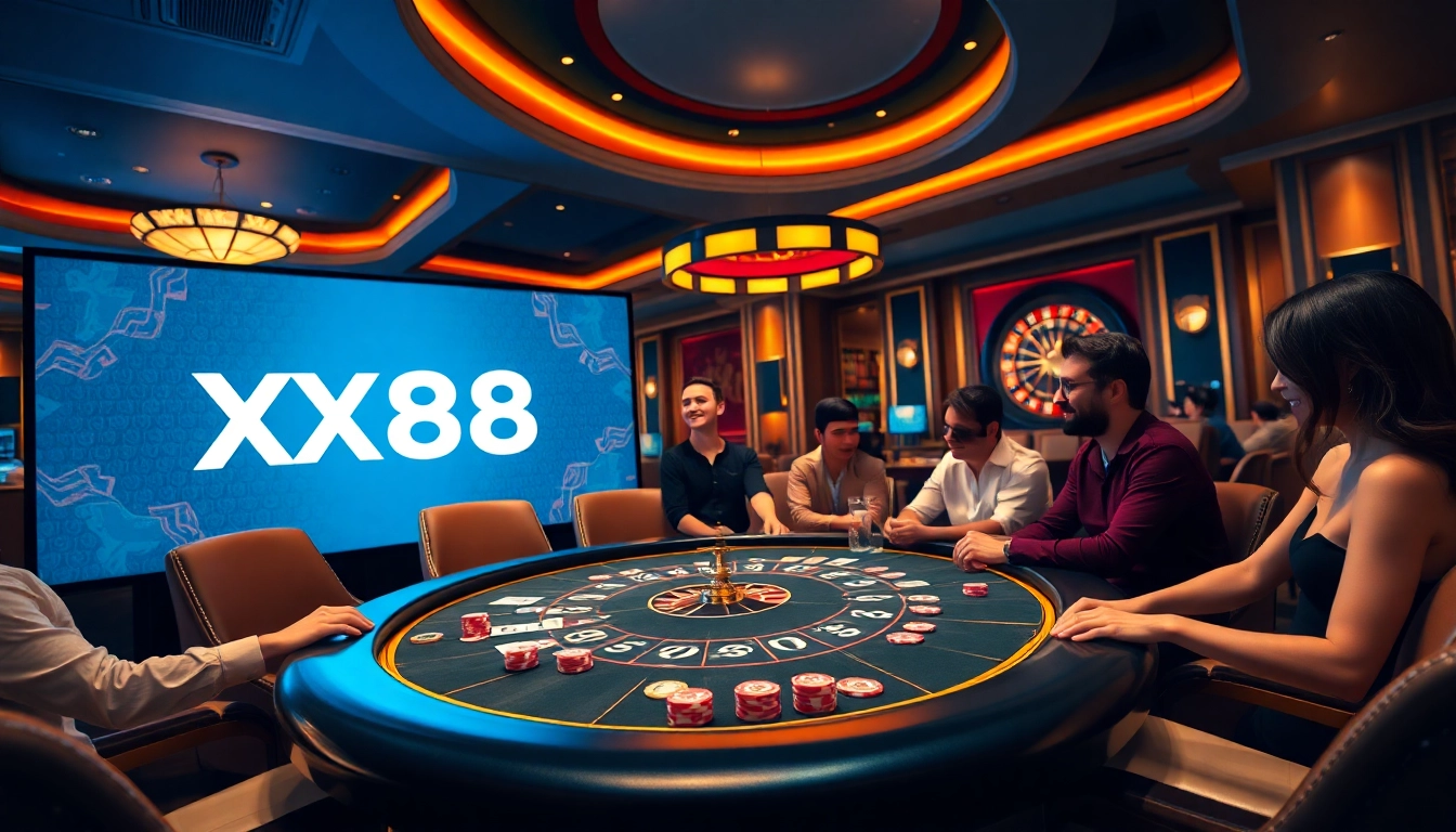 Players enjoy an exciting poker game at XX88's luxurious casino table.