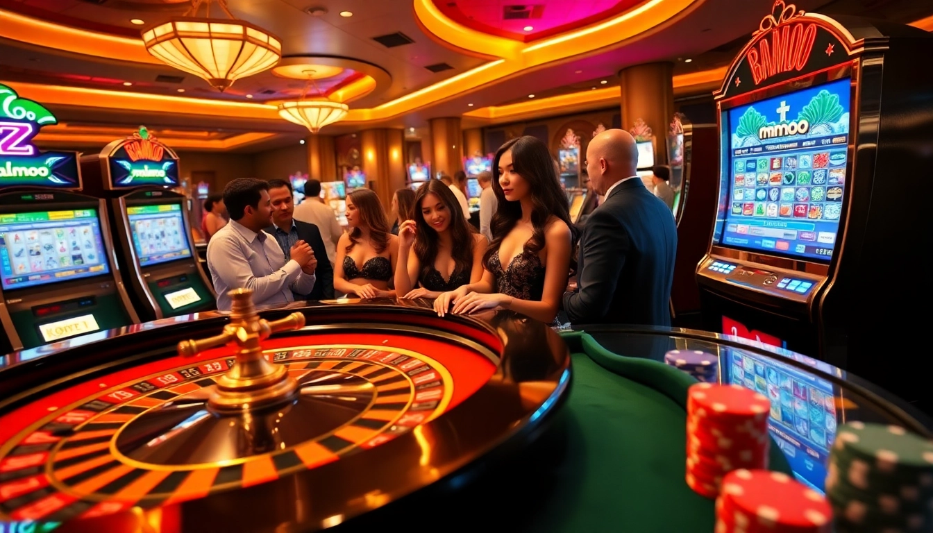 Exciting casino scene featuring mmoo games with roulette and slot machines in vibrant colors.