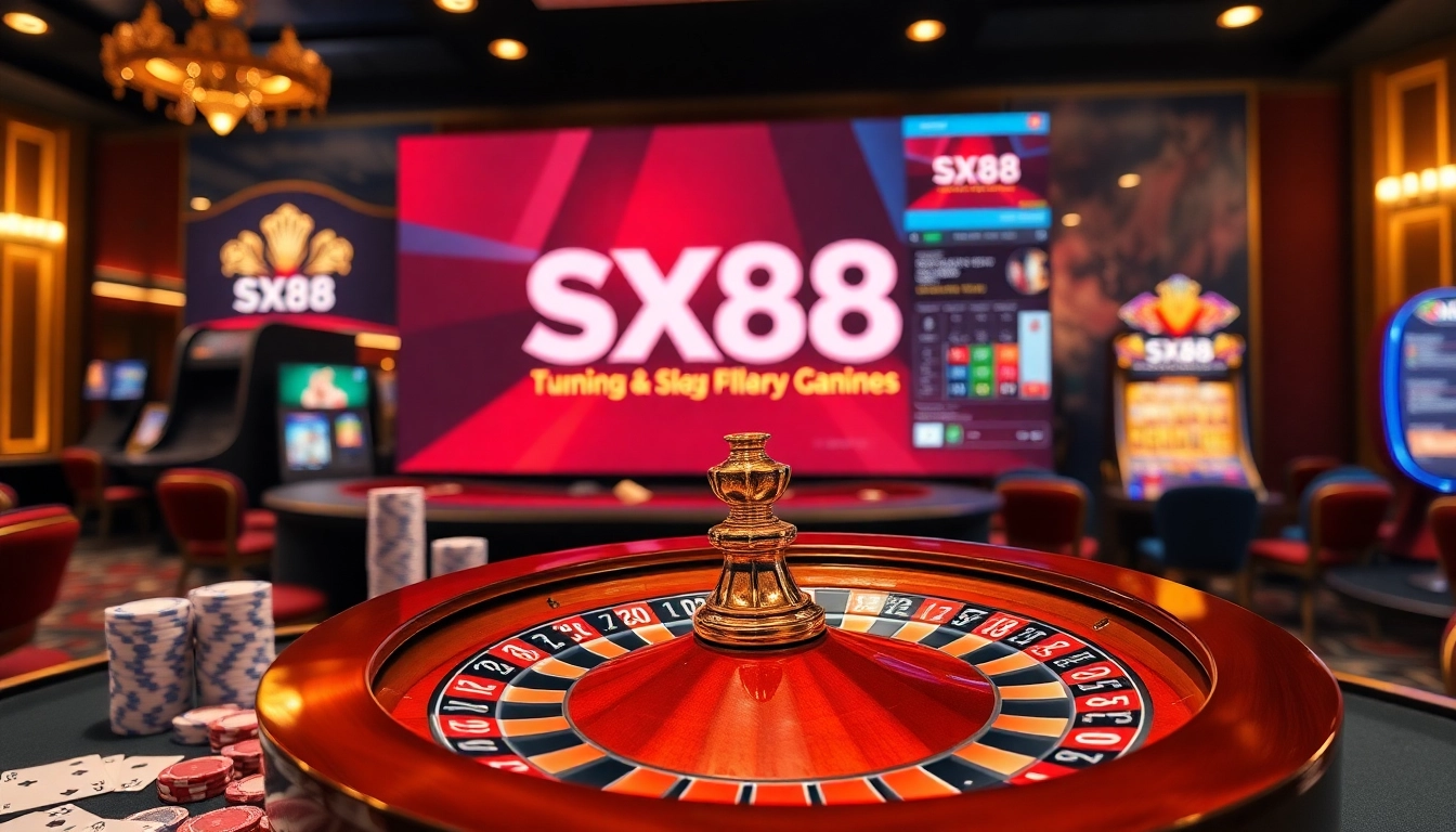 SX88 casino gaming ambiance with roulette wheel, cards, and digital gambling interface.