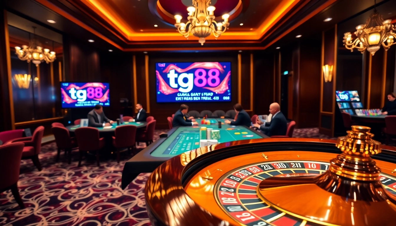 Players enjoying a thrilling moment in the tg88 casino with poker chips and cards on a vibrant table.