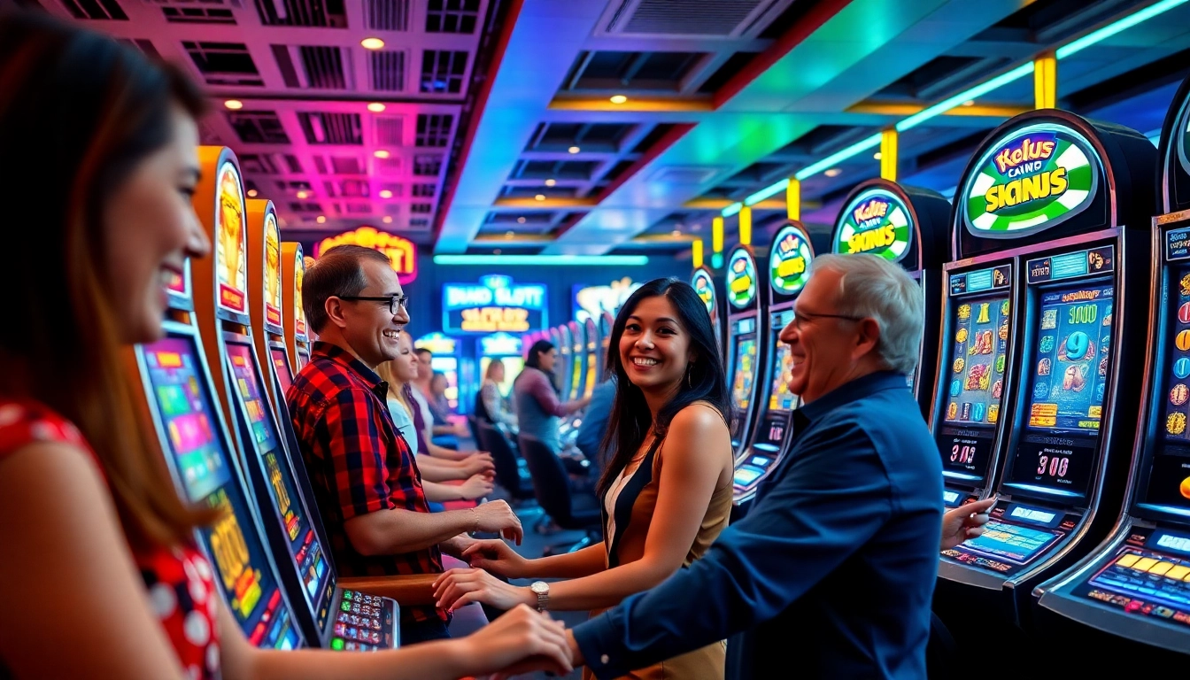 Experience demo slot pragmatic excitement in a bustling casino setting with diverse players enjoying vibrant digital machines.