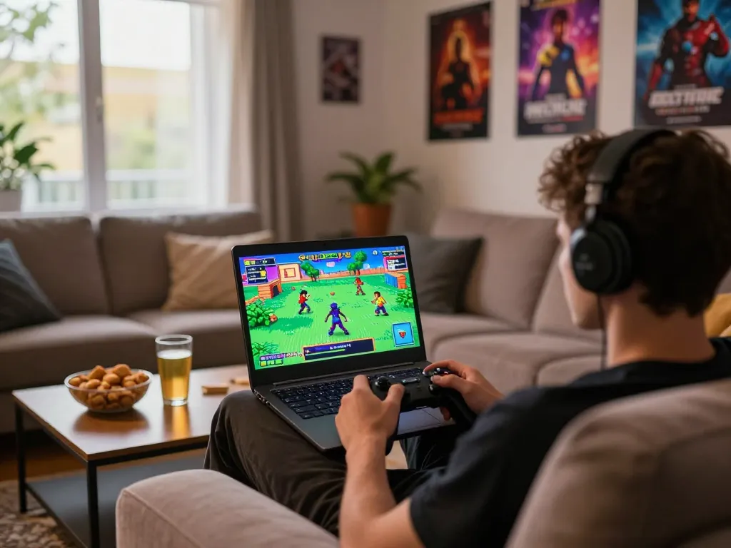 Engaging living room scene with a person playing a porn game on a laptop.