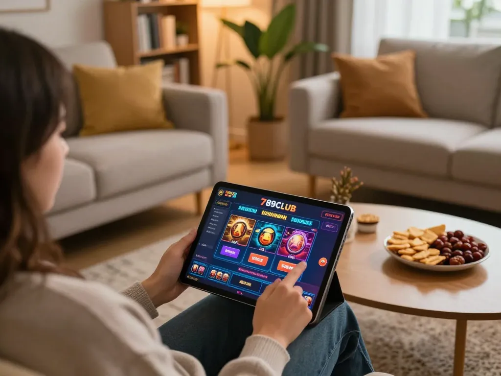 Player engaging in 789CLUB online gaming on tablet in a cozy living room