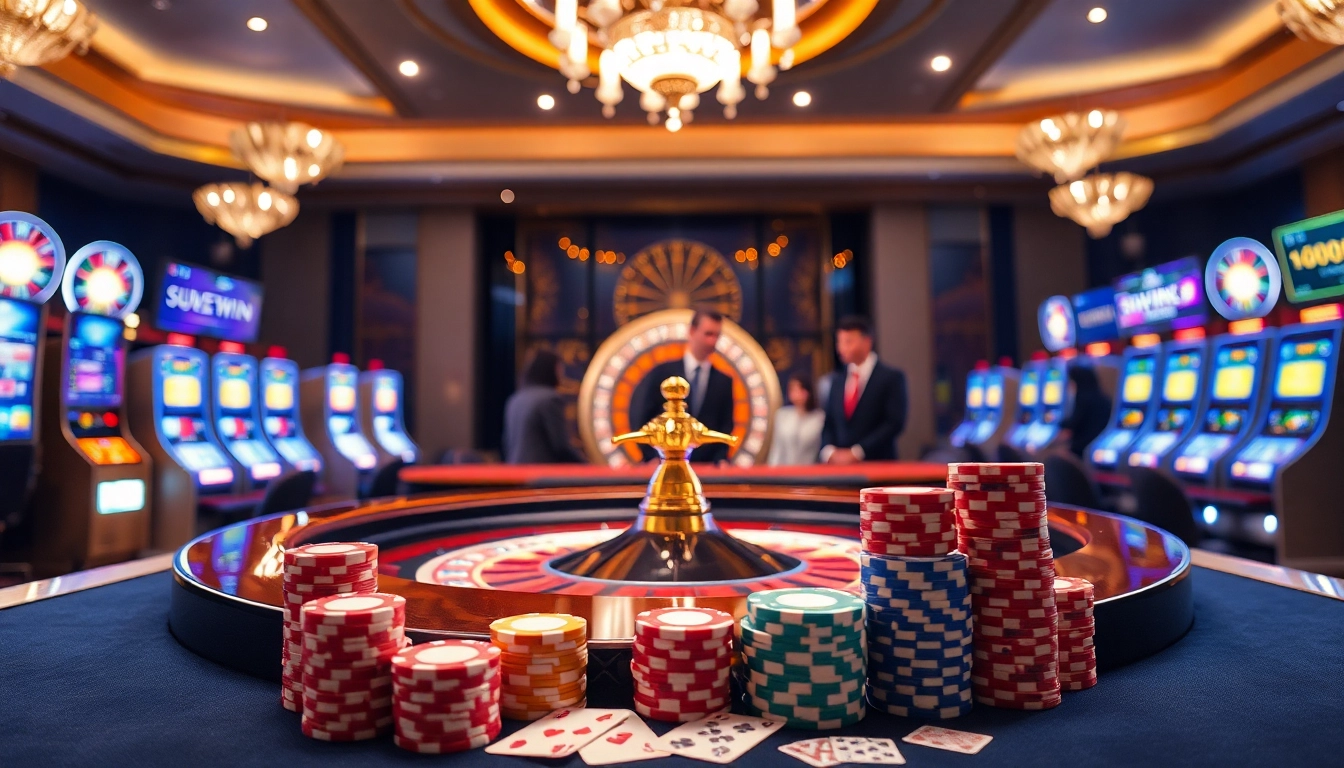 Experience the excitement of surewin at a luxurious casino with vibrant slots and a live roulette table.