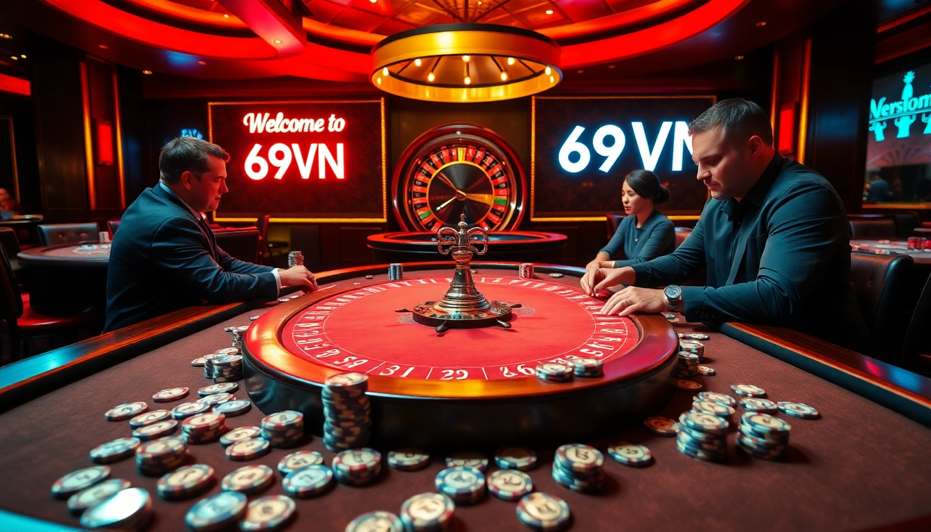 Experience the thrill of the casino at https://69vnn.ninja/ with a vibrant poker table and roulette wheel.