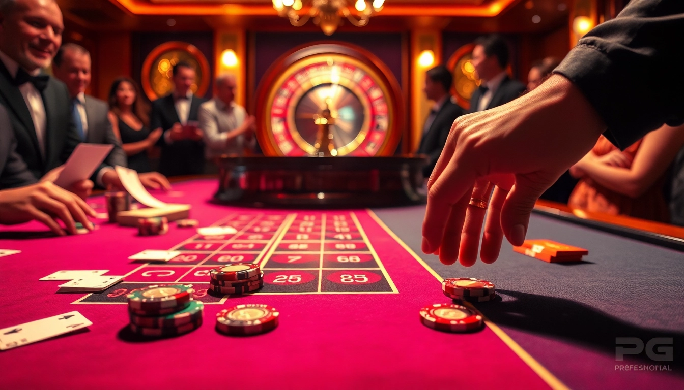 Players engaged in a thrilling game of roulette at a PG-branded casino table filled with chips and cards.