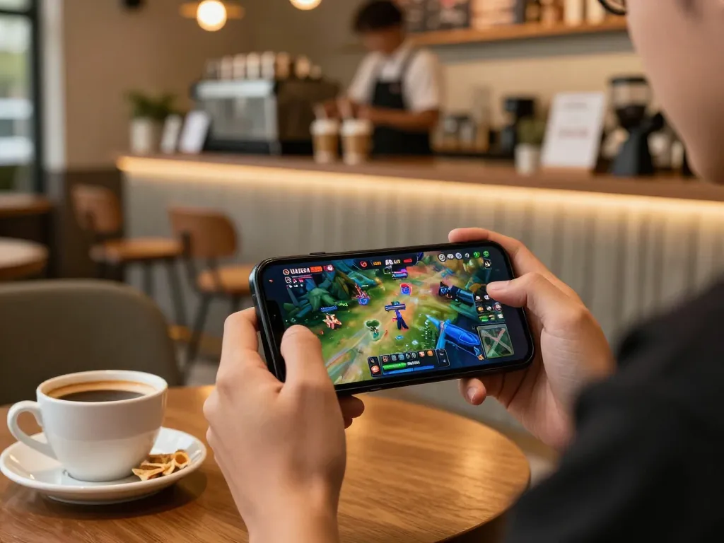 Engaging moment with a player enjoying VENOM889 Datfar on a smartphone in cozy coffee shop.