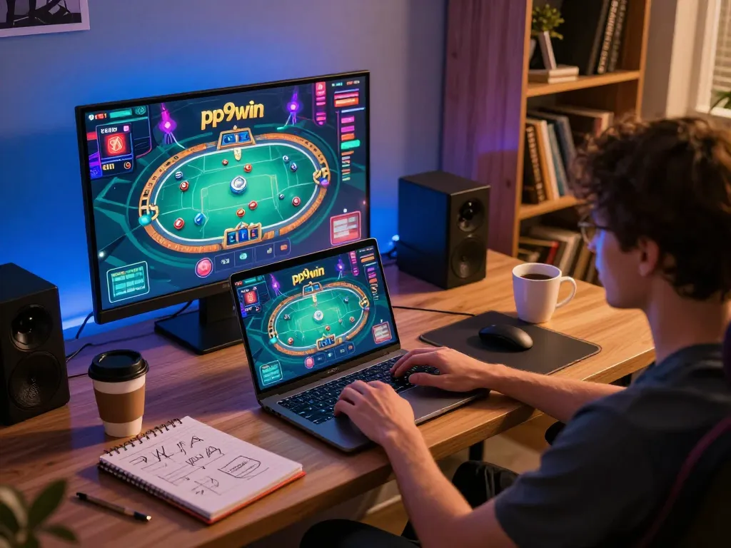 Engaging with pp9win online gaming at home, featuring a dynamic laptop setup.