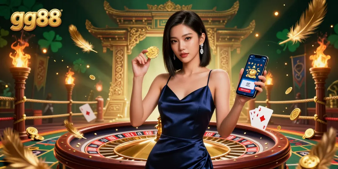 Experience gaming excitement with gg88 as a confident woman showcases a casino app amidst dynamic roulette and rich visuals.