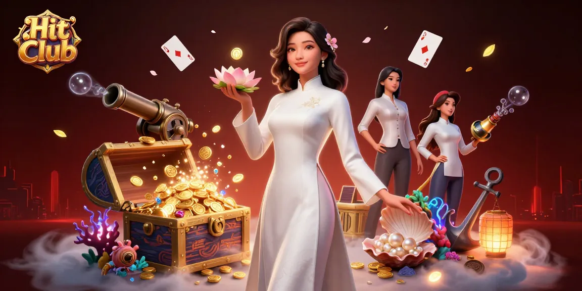 Hit Club showcases an elegant Asian woman in a casino environment surrounded by dynamic gaming elements.