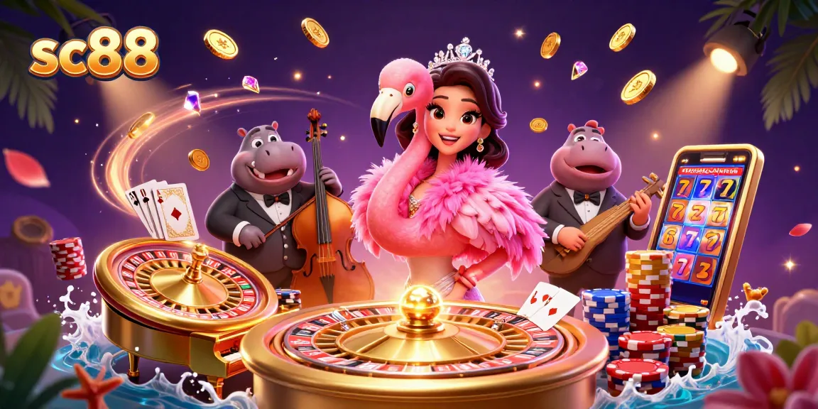 Spin to win with sc88 at a vibrant casino, showcasing cartoon flamingo and hippo surrounded by coins and jewels.
