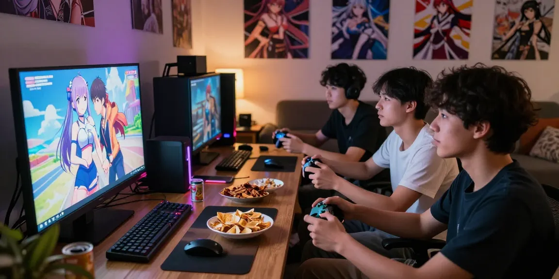 Friends enjoying hentai games in a cozy living room with snacks