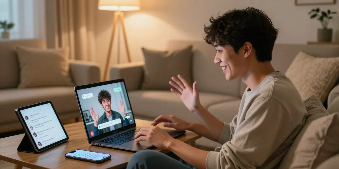 Engaged user enjoying NSFW AI chat on a modern laptop in a cozy living room.