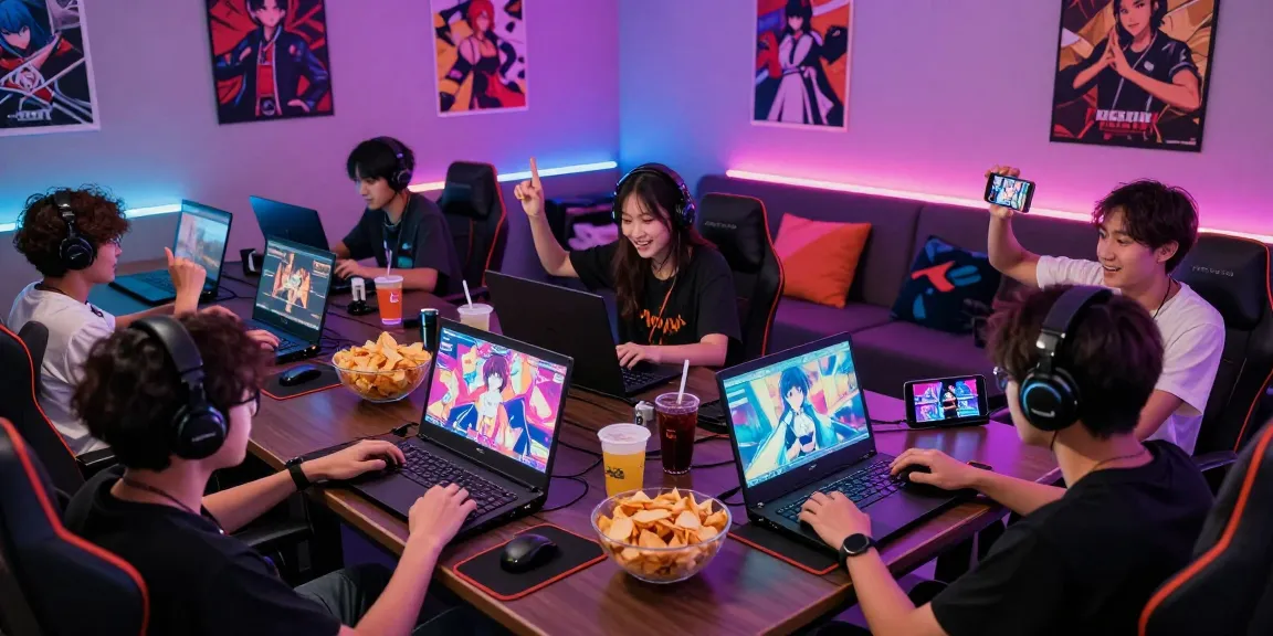 Players enjoying hentai games on multiple devices in a lively gaming lounge.