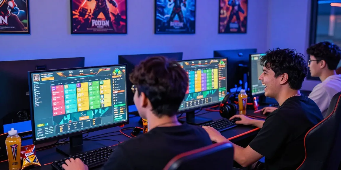 Engaged gamers focusing on Raja Game login at vibrant desks with colorful screens.